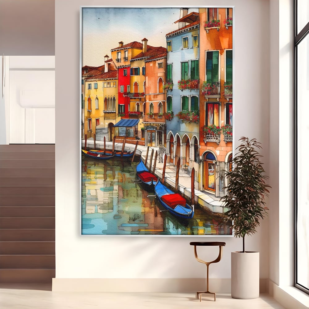 Tablou canvas cu pictura cu canal din venetia si gondole, in rama de aluminiu argintiu